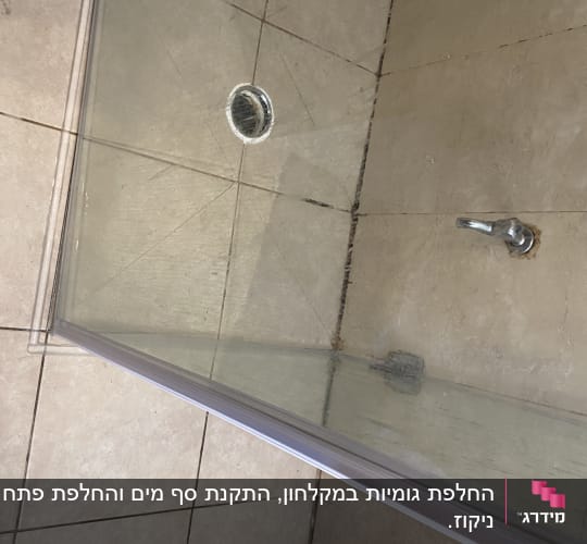 מקלחון עם דלת זכוכית ורצפת אריחים